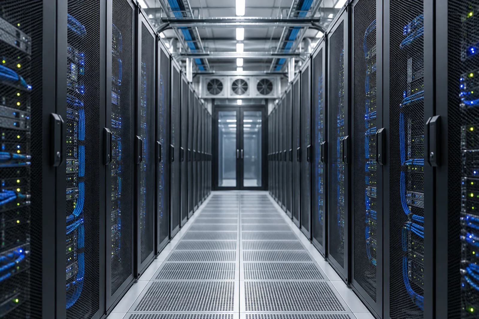 Pasillo simétrico de racks de servidores con cableado organizado y refrigeración.