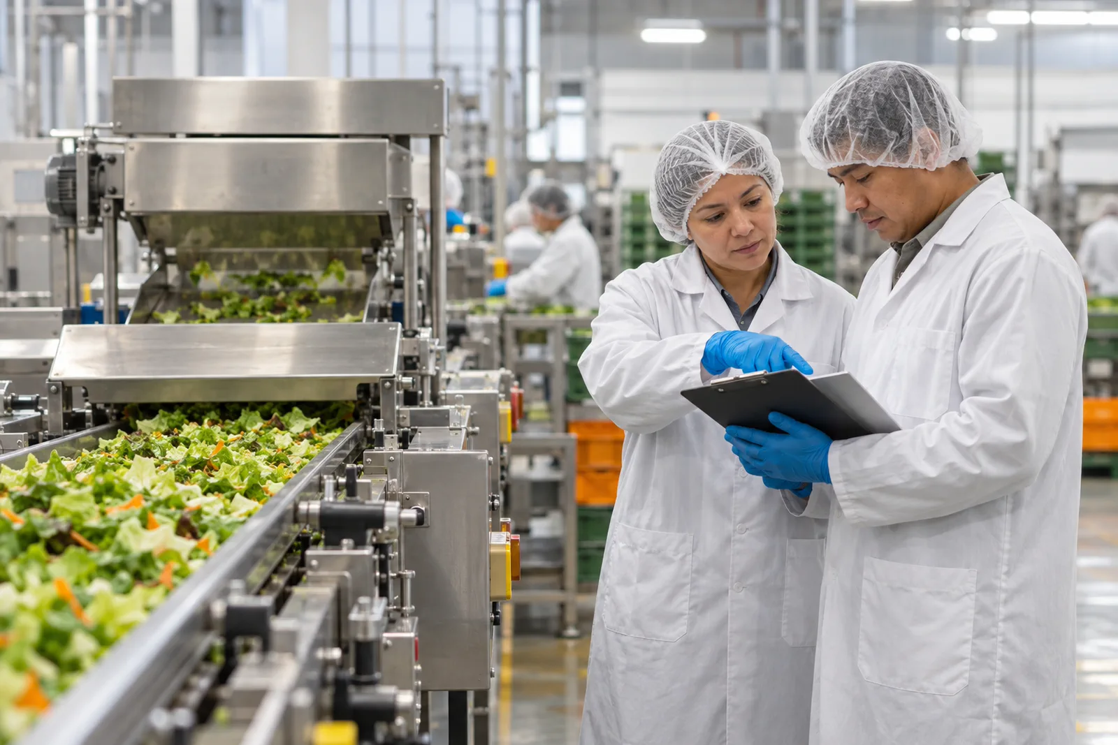 Operadores revisando una línea de producción de alimentos y controles de calidad.